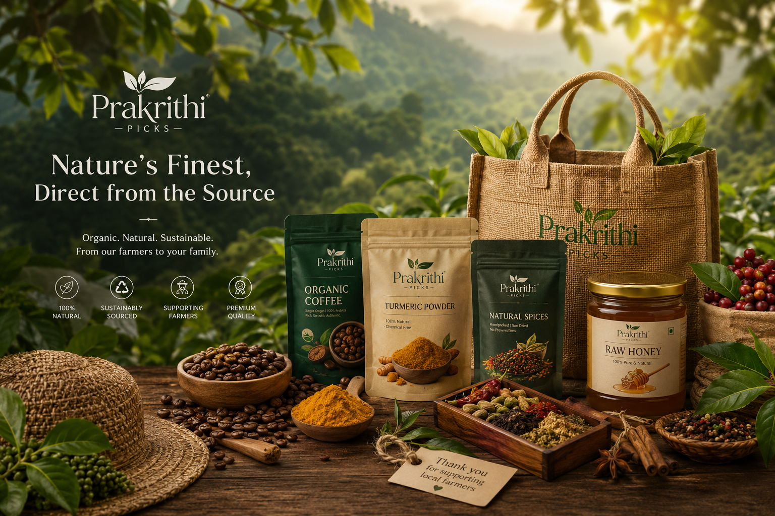Prakrithi Picks product collection arranged in a green farm landscape